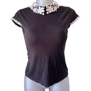 Y2K Lace Trim Preppy Top Fitted Stretch Crochet Collar Wednesday Adams Family S